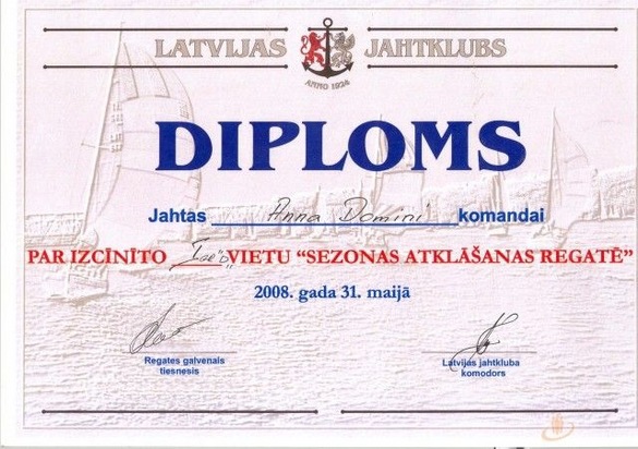 Diploms par 1. vietu burāšanas regatē Diploms par 1. vietu burāšanas regatē